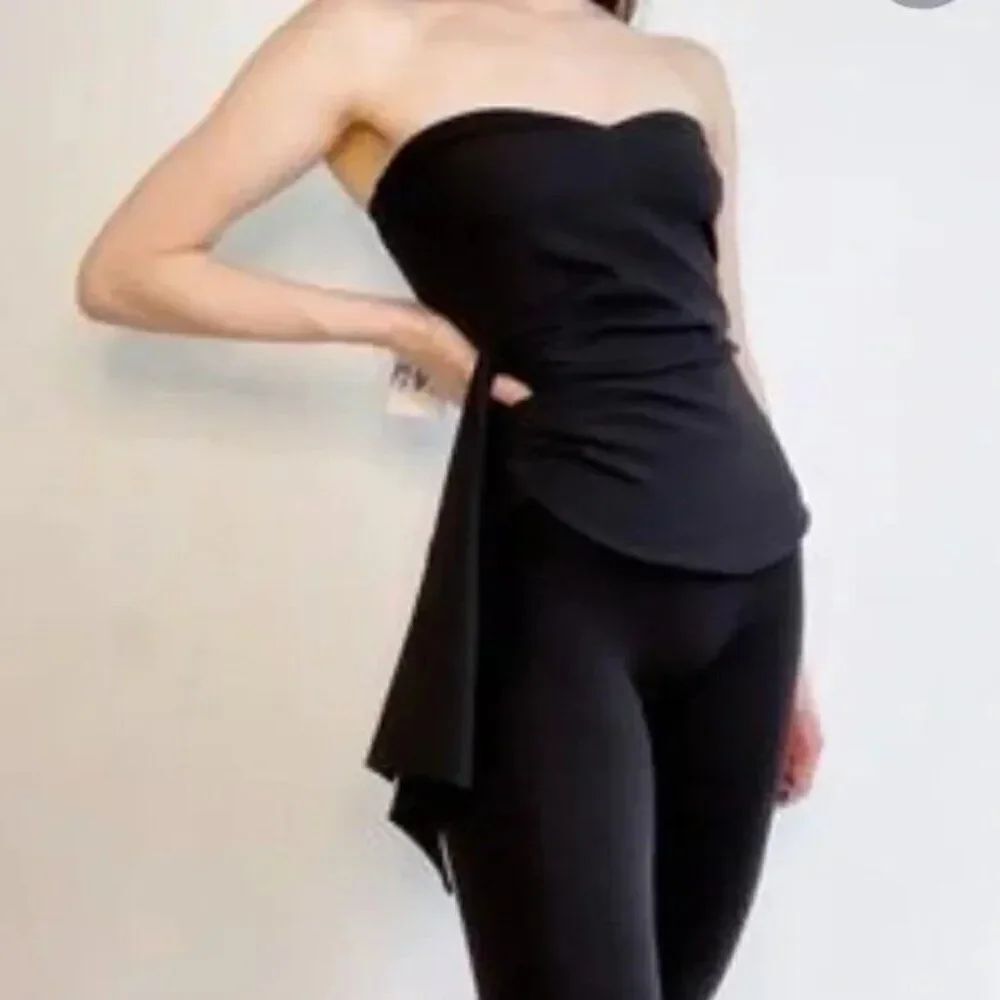 Zara Women Cropped Top XS Black Strapless Polyester Ruched Pleated 8936/616 NWT